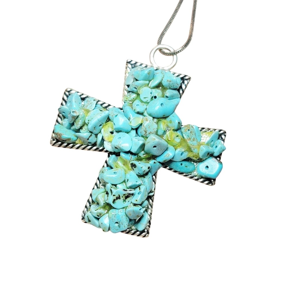 Southwestern Turquoise Chip Cross Pendant Necklace Large Boho Western Statement